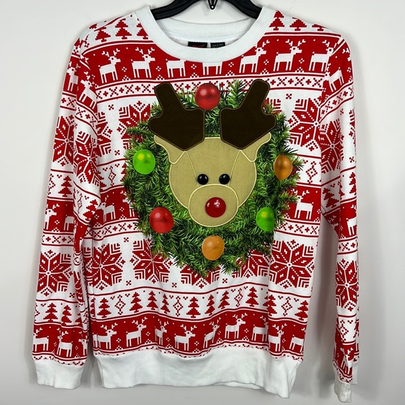 Mad Engine Rudolf Button Eye nose ugly Christmas Sweater sweater size large - Picture 1 of 6